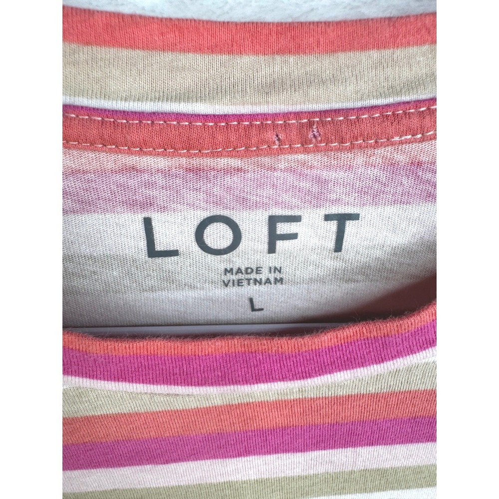 LOFT Womens Large Pink Tan Striped Long Sleeve Cotton Crew Neck T-Shirt L - Picture 7 of 8